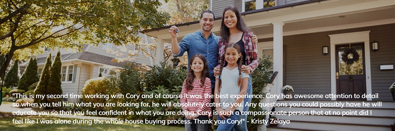 Family in front of home they purchased with a minimum credit score VA mortgage